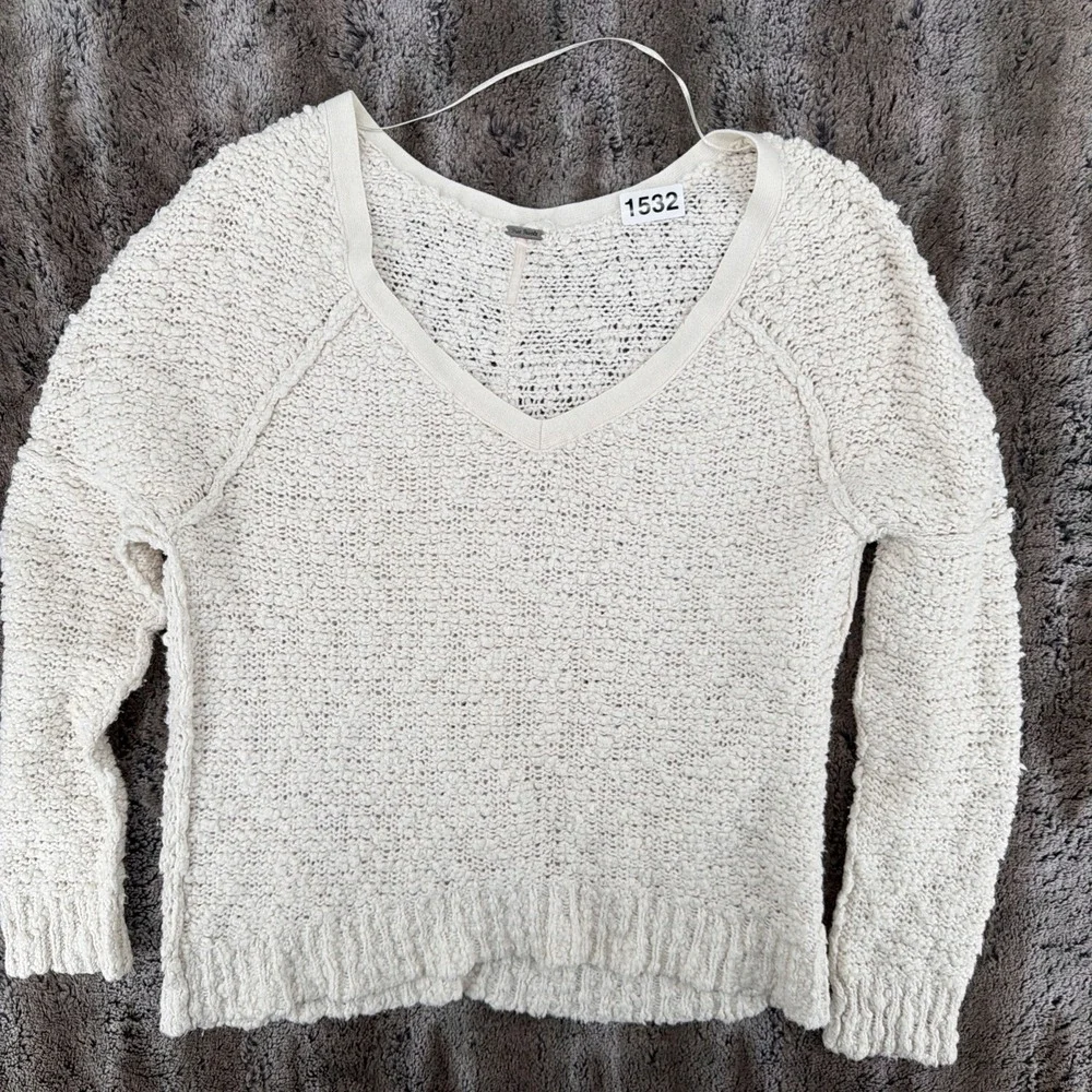 Free People Sweater Cream Ivory V Neck Chunky Knit Sweater Top Y2K Boho